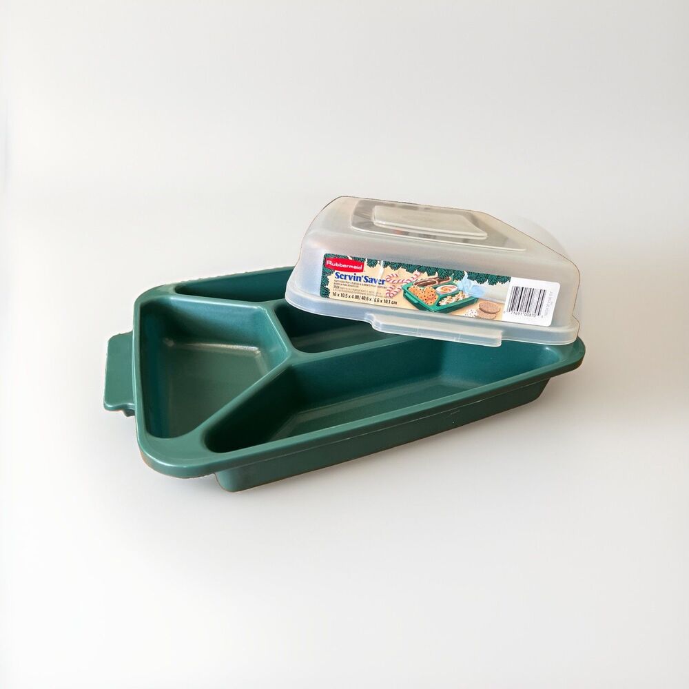 Vintage Rubbermaid Servin' Saver Green Divided Food Tray Covered Party Server